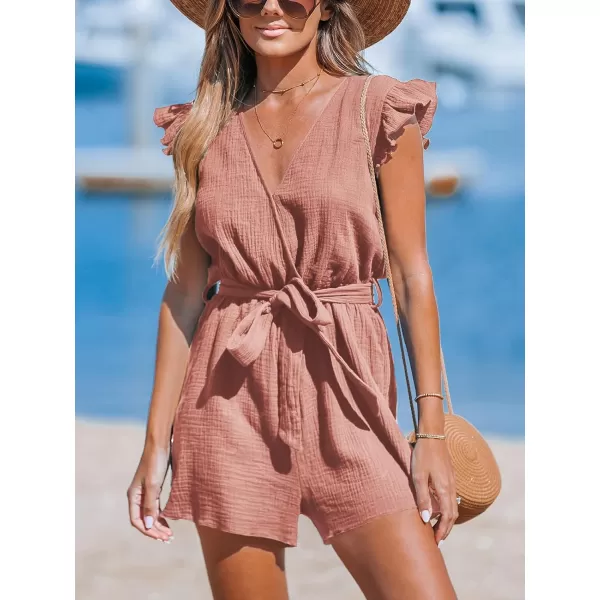 imageCUPSHE Womens Rompers V Neck Flutter Sleeve Wide Leg Overall Waist Tie Outfit Casual BeachPink