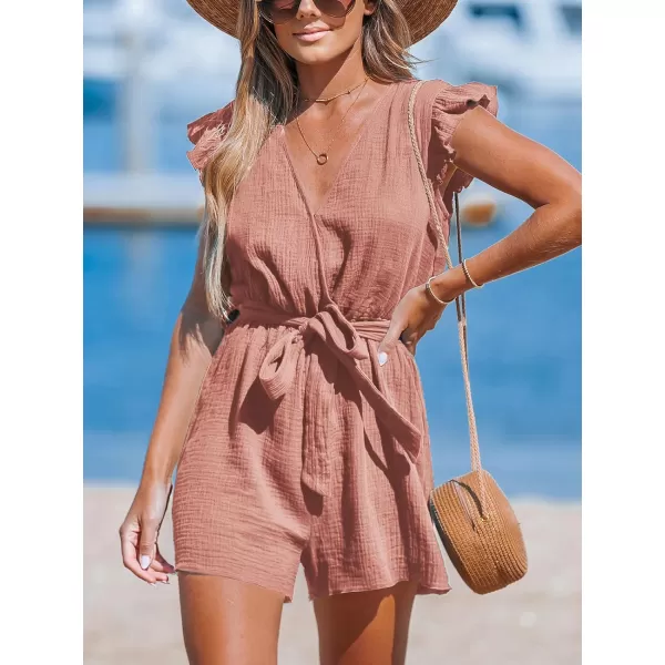 imageCUPSHE Womens Rompers V Neck Flutter Sleeve Wide Leg Overall Waist Tie Outfit Casual BeachPink