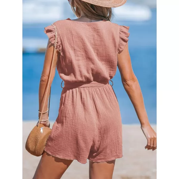 imageCUPSHE Womens Rompers V Neck Flutter Sleeve Wide Leg Overall Waist Tie Outfit Casual BeachPink