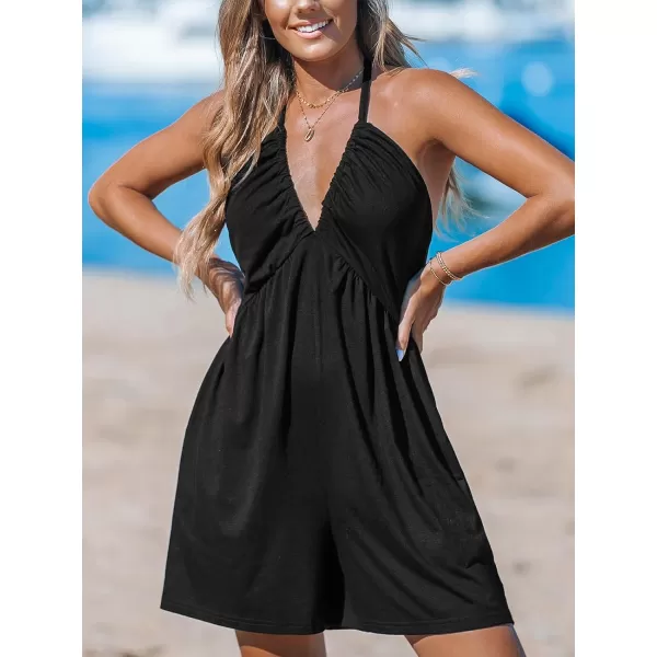 imageCUPSHE Womens Rompers V Neck Halterneck Jumpsuits Sleeveless Backless Overall Wide Leg Outfit Casual BeachBlack
