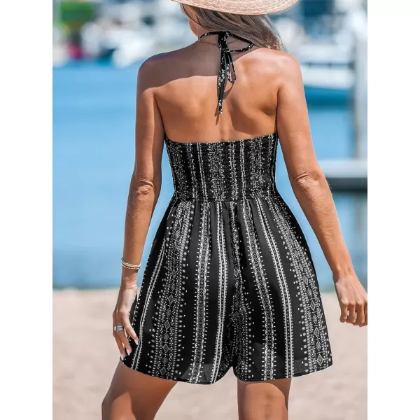 imageCUPSHE Womens Rompers V Neck Halterneck Jumpsuits Sleeveless Backless Overall Wide Leg Outfit Casual BeachBlack Stripes