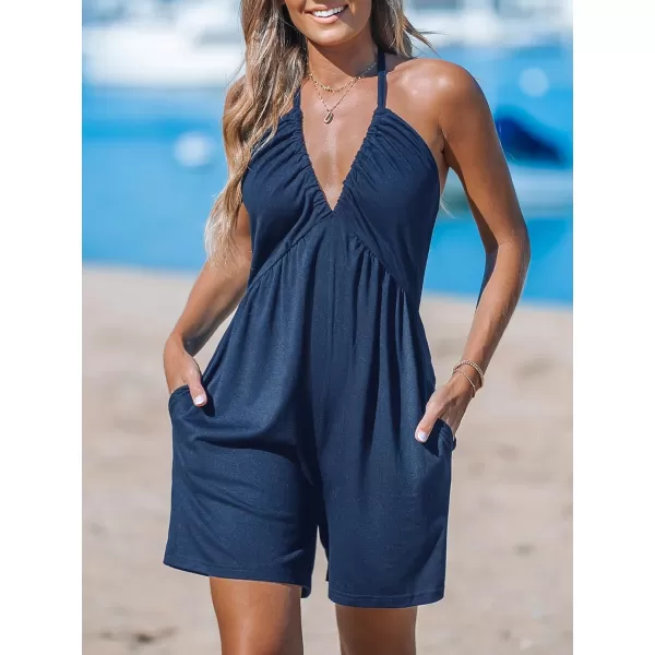 imageCUPSHE Womens Rompers V Neck Halterneck Jumpsuits Sleeveless Backless Overall Wide Leg Outfit Casual BeachBlue