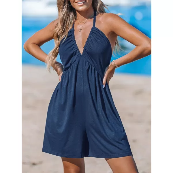 imageCUPSHE Womens Rompers V Neck Halterneck Jumpsuits Sleeveless Backless Overall Wide Leg Outfit Casual BeachBlue