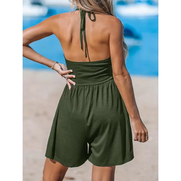 imageCUPSHE Womens Rompers V Neck Halterneck Jumpsuits Sleeveless Backless Overall Wide Leg Outfit Casual BeachGreen