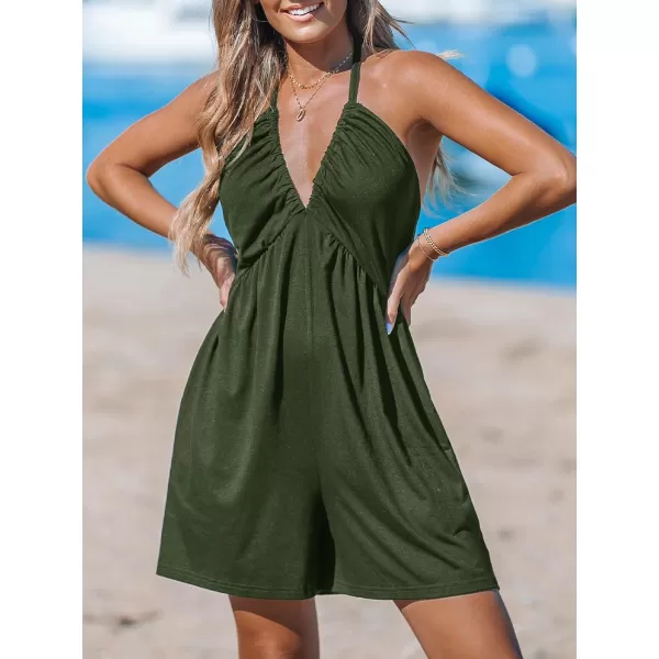 imageCUPSHE Womens Rompers V Neck Halterneck Jumpsuits Sleeveless Backless Overall Wide Leg Outfit Casual BeachGreen