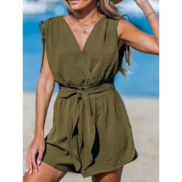 imageCUPSHE Womens Rompers V Neck Shoulder Tie Waist Sleeveless Jumpsuits Straight Leg Loose Outfit CasualOlive Green