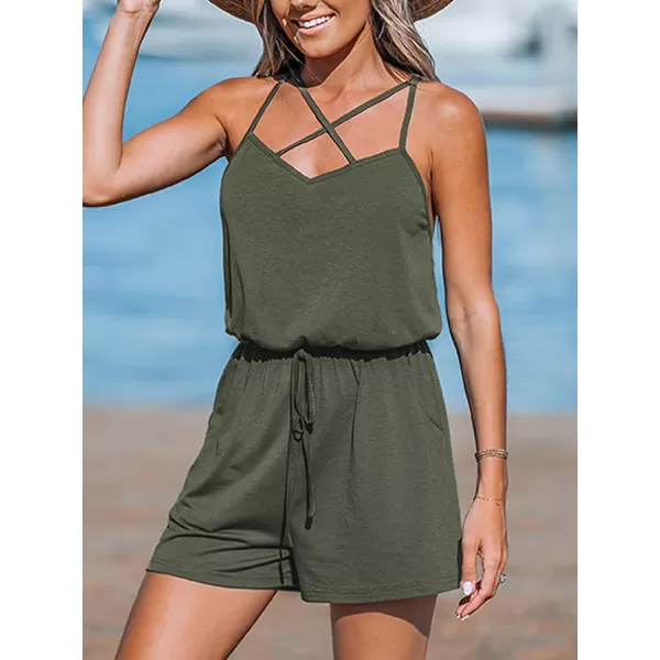 imageCUPSHE Womens Rompers V Neck Sleeveless Jumpsuits Waist Tie Overall Wide Leg Outfit with Pockets Casual BeachGreen