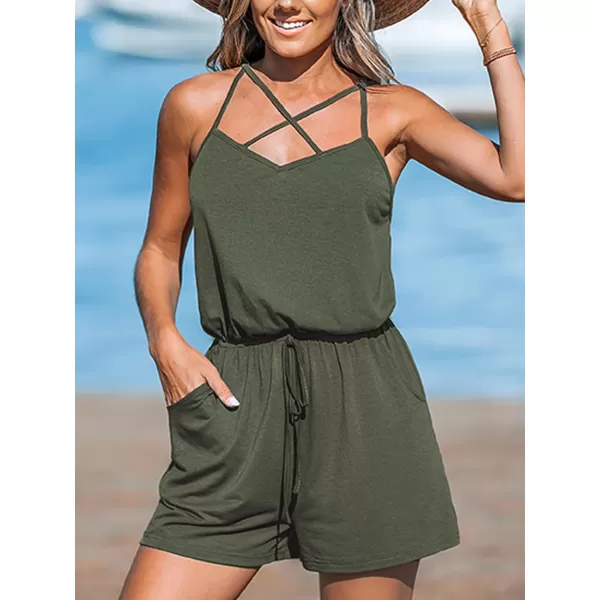 imageCUPSHE Womens Rompers V Neck Sleeveless Jumpsuits Waist Tie Overall Wide Leg Outfit with Pockets Casual BeachGreen