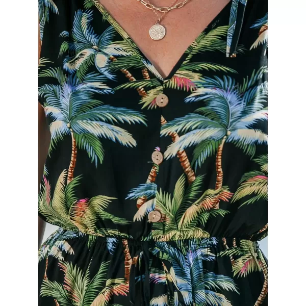 imageCUPSHE Womens Rompers V Neck Tropical Jumpsuits Sleeveless Bow Tie Front Overall Wide Leg Outfit Casual BeachBlack