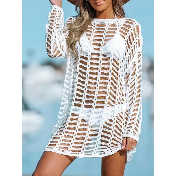 imageCUPSHE Womens Round Neck Bathing Suit Cover Up See Through Swim Coverups for Summer with Long SleevesWhite