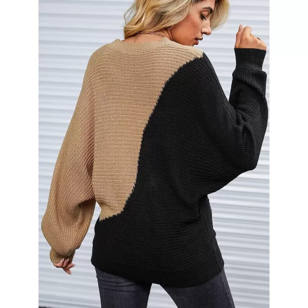 imageCUPSHE Womens Round Neck Color Block Sweater Knit Long Sleeves Fall Pullover with Ribbed TrimBlack amp Brown