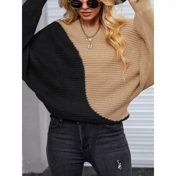 imageCUPSHE Womens Round Neck Color Block Sweater Knit Long Sleeves Fall Pullover with Ribbed TrimBlack amp Brown