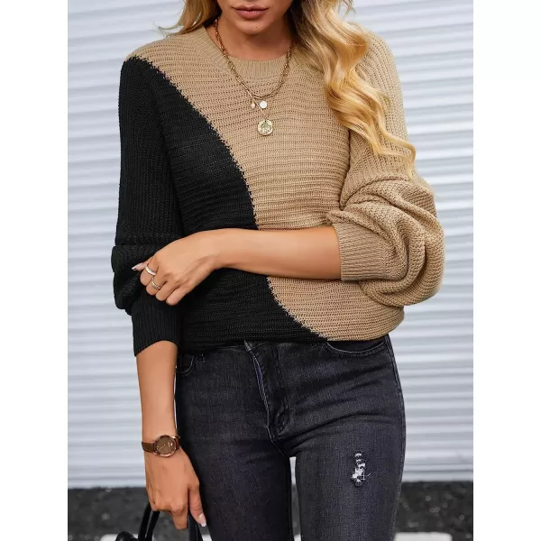 imageCUPSHE Womens Round Neck Color Block Sweater Knit Long Sleeves Fall Pullover with Ribbed TrimBlack amp Brown