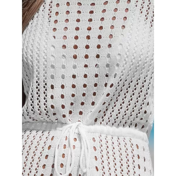 imageCUPSHE Womens Round Neck Crochet Drawstring Waist CoverUp Sleeveless Side Slit Midi DressWhite