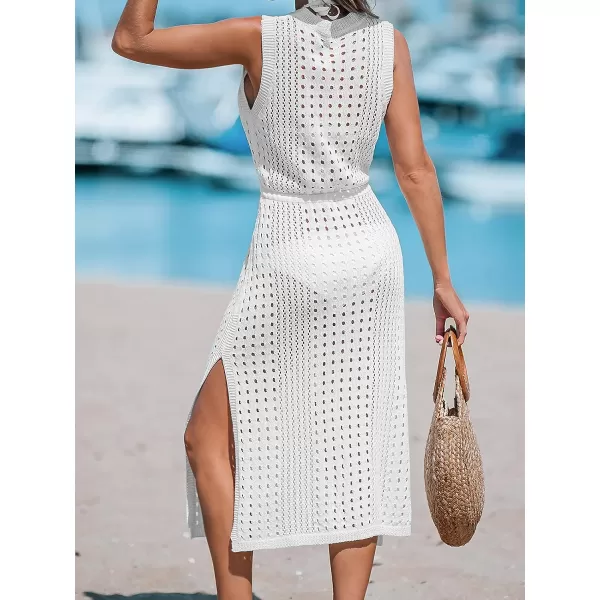 imageCUPSHE Womens Round Neck Crochet Drawstring Waist CoverUp Sleeveless Side Slit Midi DressWhite
