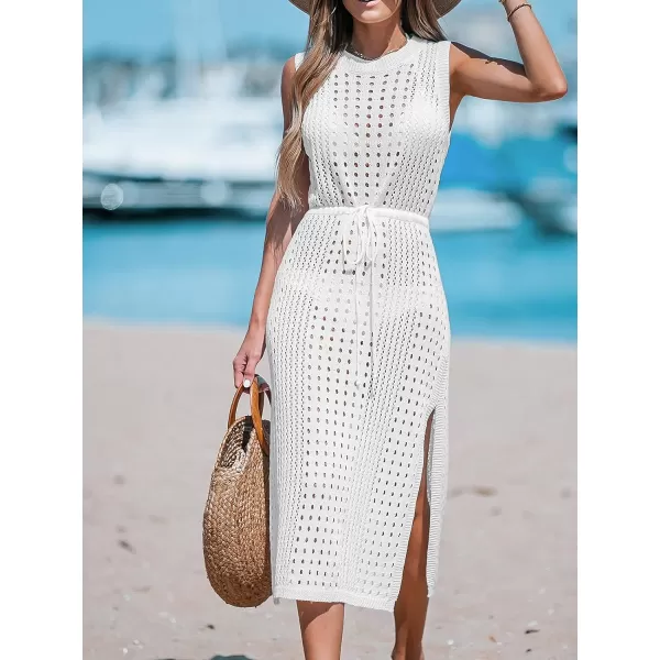imageCUPSHE Womens Round Neck Crochet Drawstring Waist CoverUp Sleeveless Side Slit Midi DressWhite