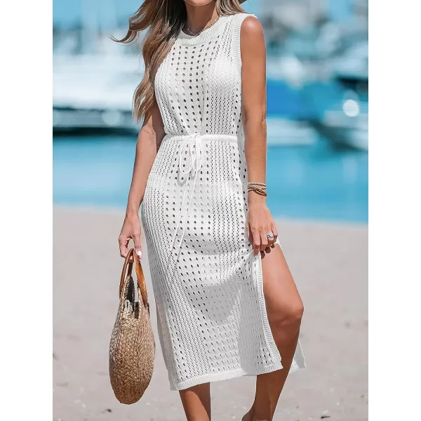 imageCUPSHE Womens Round Neck Crochet Drawstring Waist CoverUp Sleeveless Side Slit Midi DressWhite