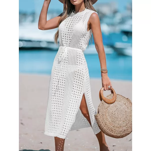 imageCUPSHE Womens Round Neck Crochet Drawstring Waist CoverUp Sleeveless Side Slit Midi DressWhite