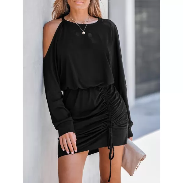 imageCUPSHE Womens Round Neck Cutout Long Sleeve Ruched Drawstring Pleated Mini Dress Casual Fitted Short DressBlack