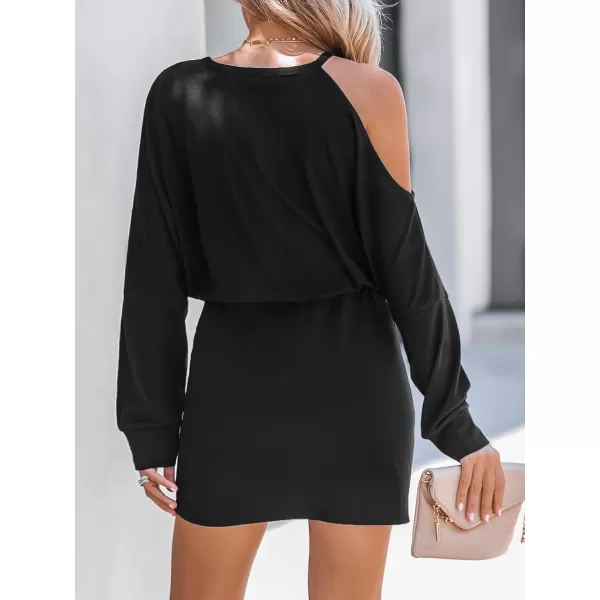 imageCUPSHE Womens Round Neck Cutout Long Sleeve Ruched Drawstring Pleated Mini Dress Casual Fitted Short DressBlack