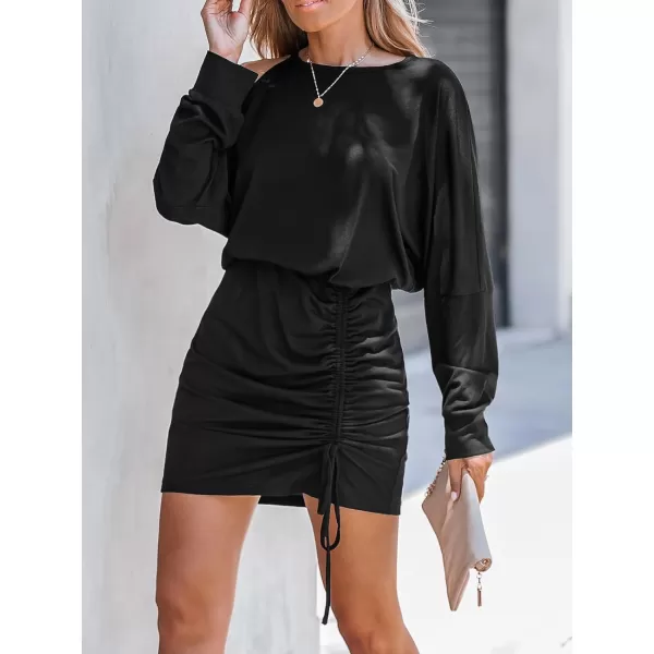 imageCUPSHE Womens Round Neck Cutout Long Sleeve Ruched Drawstring Pleated Mini Dress Casual Fitted Short DressBlack