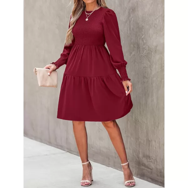 imageCUPSHE Womens Round Neck Emerald Green Smocked Long Sleeve Mini Dress Ruffled Hem Casual A Line Short DressBurgundy