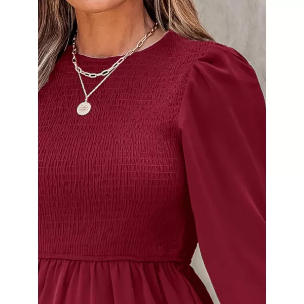 imageCUPSHE Womens Round Neck Emerald Green Smocked Long Sleeve Mini Dress Ruffled Hem Casual A Line Short DressBurgundy