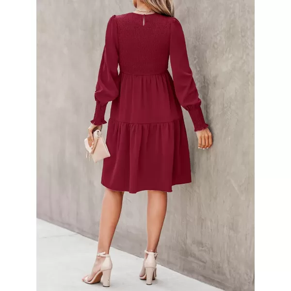 imageCUPSHE Womens Round Neck Emerald Green Smocked Long Sleeve Mini Dress Ruffled Hem Casual A Line Short DressBurgundy