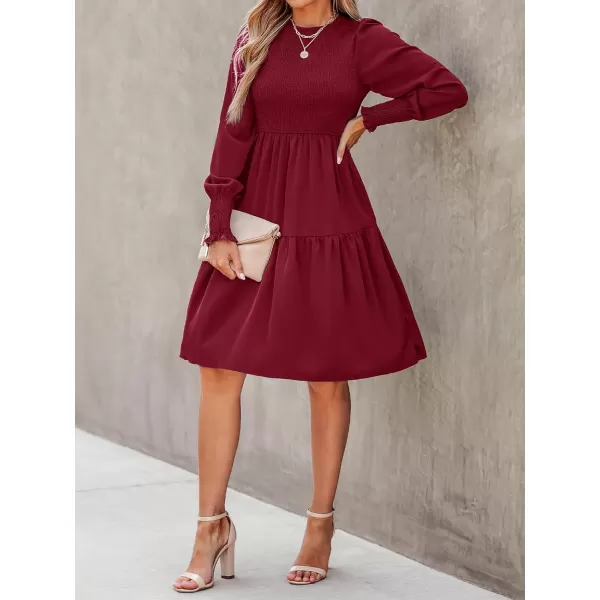 imageCUPSHE Womens Round Neck Emerald Green Smocked Long Sleeve Mini Dress Ruffled Hem Casual A Line Short DressBurgundy