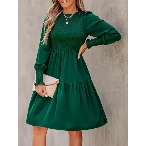imageCUPSHE Womens Round Neck Emerald Green Smocked Long Sleeve Mini Dress Ruffled Hem Casual A Line Short DressEmerald Green