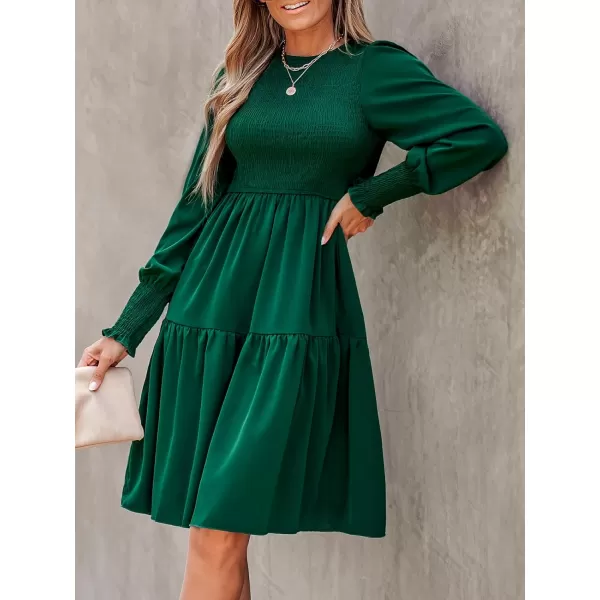 imageCUPSHE Womens Round Neck Emerald Green Smocked Long Sleeve Mini Dress Ruffled Hem Casual A Line Short DressEmerald Green