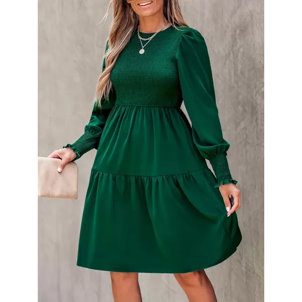 imageCUPSHE Womens Round Neck Emerald Green Smocked Long Sleeve Mini Dress Ruffled Hem Casual A Line Short DressEmerald Green