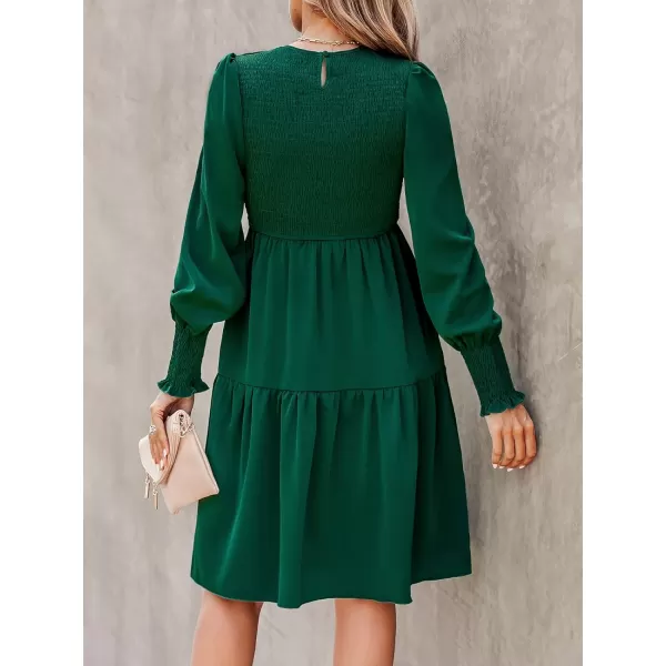 imageCUPSHE Womens Round Neck Emerald Green Smocked Long Sleeve Mini Dress Ruffled Hem Casual A Line Short DressEmerald Green
