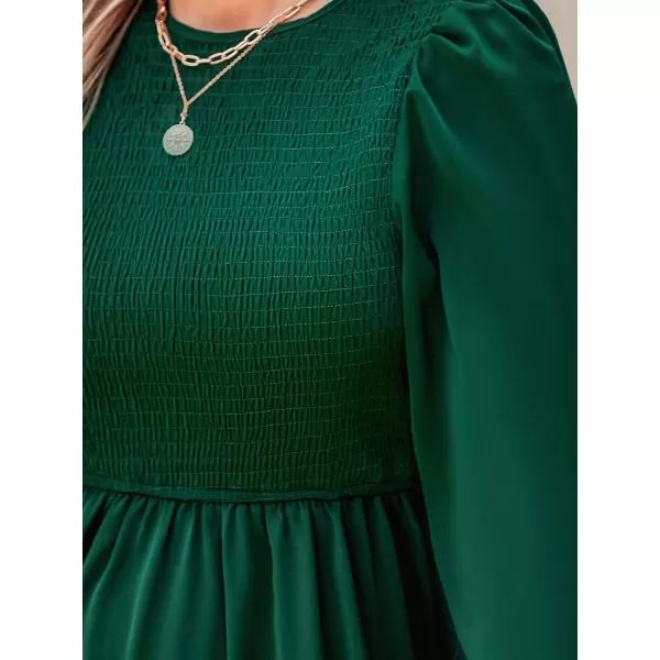 imageCUPSHE Womens Round Neck Emerald Green Smocked Long Sleeve Mini Dress Ruffled Hem Casual A Line Short DressEmerald Green