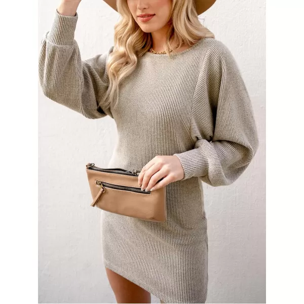imageCUPSHE Womens Round Neck Long Puff Sleeve Ribbed Knit Bodycon Mini DressCoffee