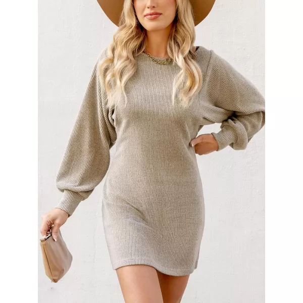 imageCUPSHE Womens Round Neck Long Puff Sleeve Ribbed Knit Bodycon Mini DressCoffee