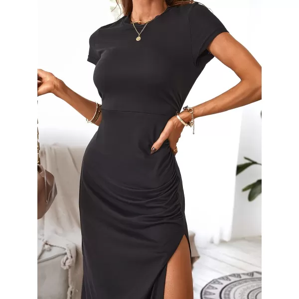 imageCUPSHE Womens Round Neck Ruching Short Sleeve Solid Bodycon Dress Cocktail Party Side Slit Long DressesBlack