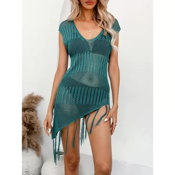 imageCUPSHE Womens Round Neck See Through Bathing Suit Cover Up Tassel Sexy Swimsuit Beach DressTeal