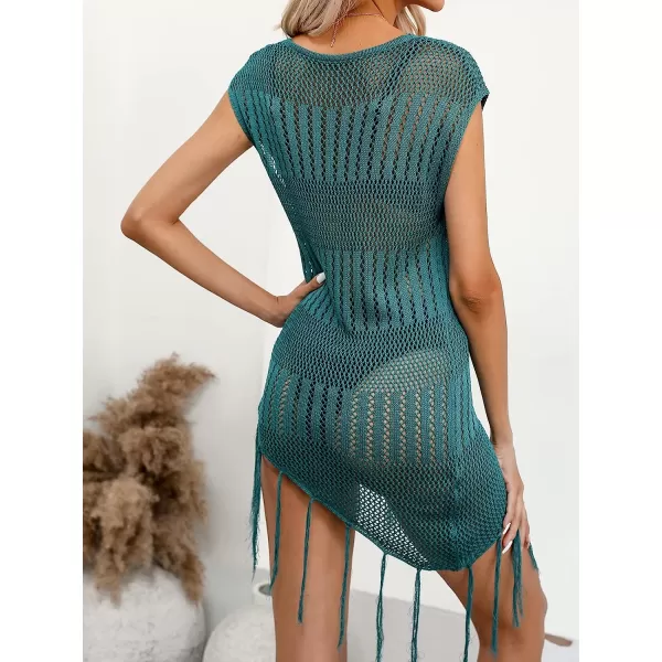 imageCUPSHE Womens Round Neck See Through Bathing Suit Cover Up Tassel Sexy Swimsuit Beach DressTeal