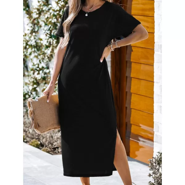 imageCUPSHE Womens Round Neck Short Sleeve Knit Midi Dress Slit Long DressBlack