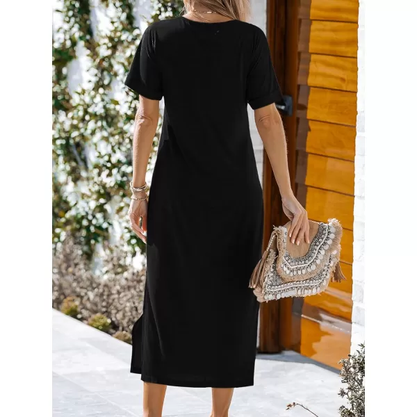 imageCUPSHE Womens Round Neck Short Sleeve Knit Midi Dress Slit Long DressBlack