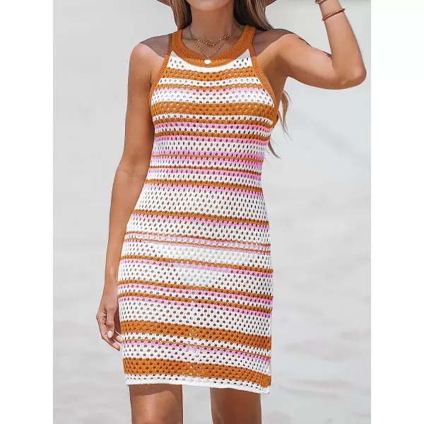 imageCUPSHE Womens Round Neck Striped Crochet CoverUp Sleeveless Mini DressOrange