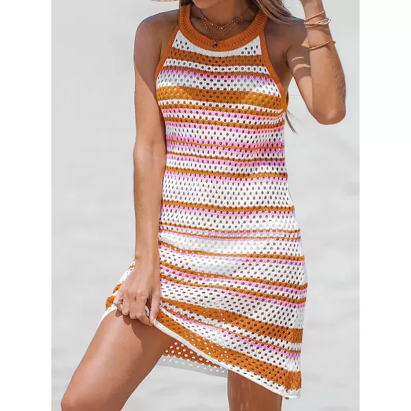 imageCUPSHE Womens Round Neck Striped Crochet CoverUp Sleeveless Mini DressOrange