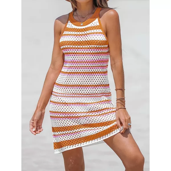 imageCUPSHE Womens Round Neck Striped Crochet CoverUp Sleeveless Mini DressOrange