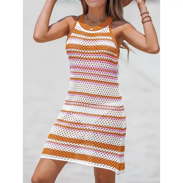 imageCUPSHE Womens Round Neck Striped Crochet CoverUp Sleeveless Mini DressOrange