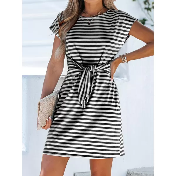 imageCUPSHE Womens Round Neck Striped Knotted Belt Cap Sleeeve Mini Dress Casual Short A Line Dress BlackBlack XSmall