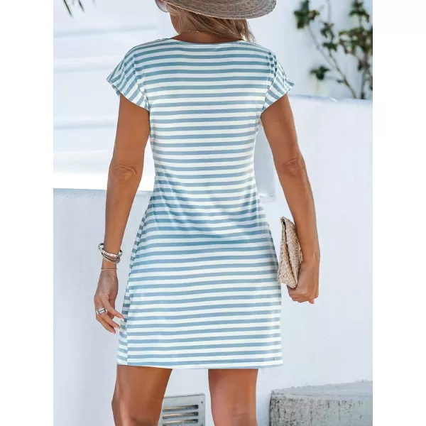 imageCUPSHE Womens Round Neck Striped Knotted Belt Cap Sleeeve Mini Dress Casual Short A Line Dress BlackLight Blue Small