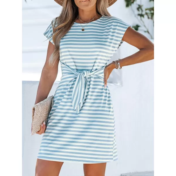 imageCUPSHE Womens Round Neck Striped Knotted Belt Cap Sleeeve Mini Dress Casual Short A Line Dress BlackLight Blue Small