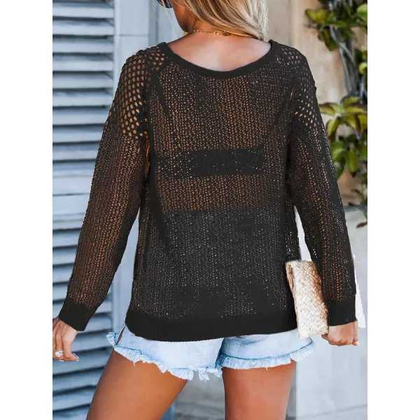 imageCUPSHE Womens Round Neck Sweater Long Sleeve Hollow Out Knit Pullover Casual SweaterBlack