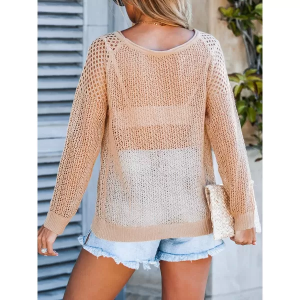 imageCUPSHE Womens Round Neck Sweater Long Sleeve Hollow Out Knit Pullover Casual SweaterChampagne